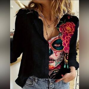 Black Pop Art Abstract Color Block Button Down Up Shirt Top Blouse